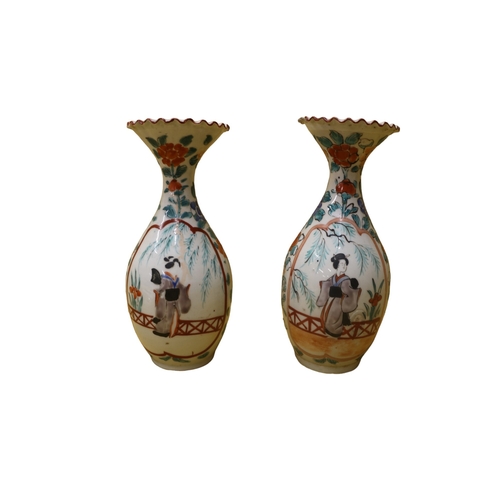 11 - Pair of Early 20th Century Japanese Highly Decorated Vases with Hand Painted Geisha - 19cm Tall