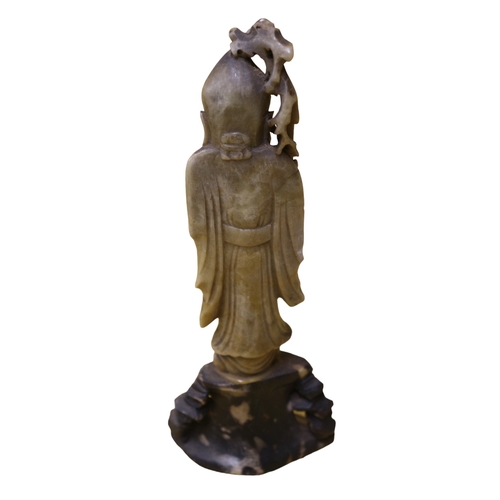 30 - Very Well Carved Aged Soapstone Figure of Shou Lao Set on Stone Base - 23cm Tall