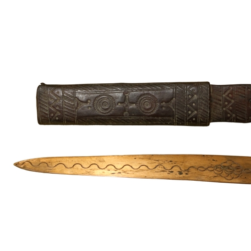 40 - Early 20th Century African Tribal Sword in Leather Sheath with Ornate Carved Workmanship on it - Bla... 