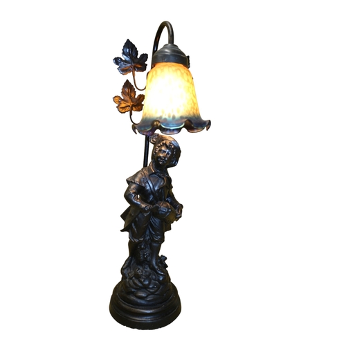 42 - Bronzed Tall Working Table Lamp in The Design of a Young Boy with a Mottled Glass Shade - 61cm Tall