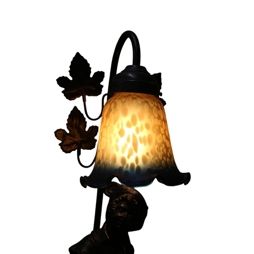 42 - Bronzed Tall Working Table Lamp in The Design of a Young Boy with a Mottled Glass Shade - 61cm Tall