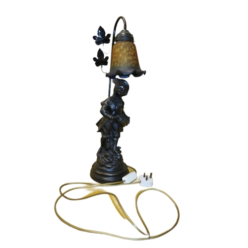 42 - Bronzed Tall Working Table Lamp in The Design of a Young Boy with a Mottled Glass Shade - 61cm Tall