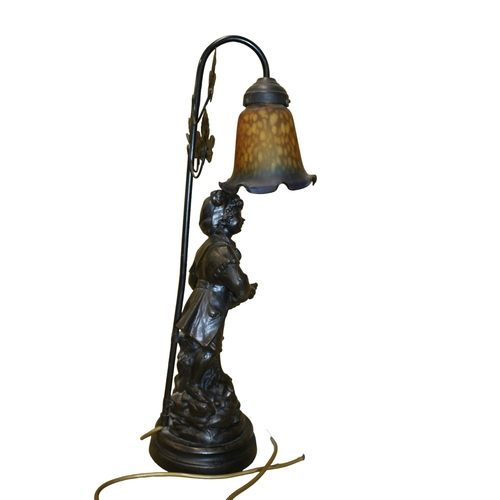 42 - Bronzed Tall Working Table Lamp in The Design of a Young Boy with a Mottled Glass Shade - 61cm Tall