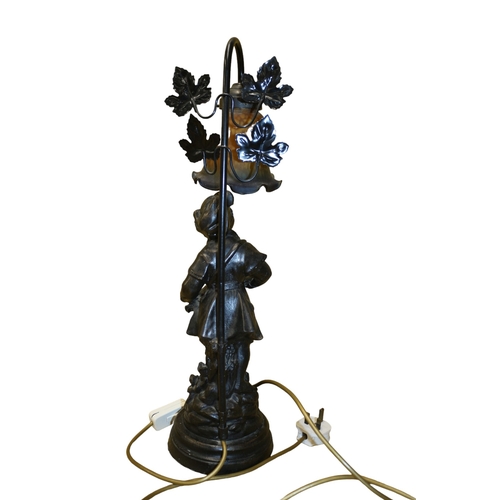 42 - Bronzed Tall Working Table Lamp in The Design of a Young Boy with a Mottled Glass Shade - 61cm Tall