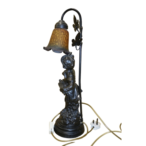 42 - Bronzed Tall Working Table Lamp in The Design of a Young Boy with a Mottled Glass Shade - 61cm Tall