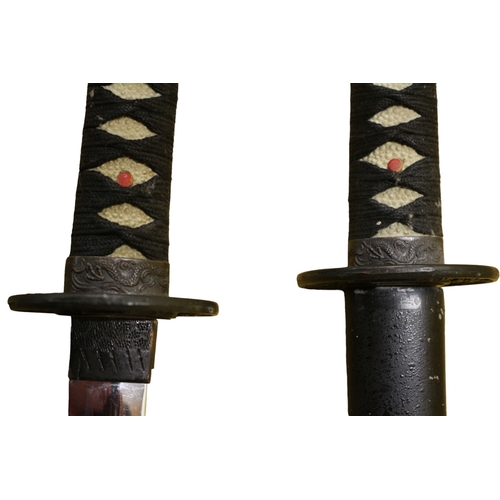 45 - 2 Samurai Swords - Katana and Wakizashi with Lacquered Sheaths, (Saya) - Dragon Decorated Tsuba, Fuc... 