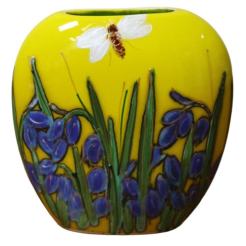 151 - Anita Harris Yellow Purse Vase with Bee and Flowers and Gold Coloured Signature - 12.5cm