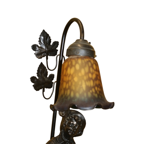 25 - Bronzed Tall Working Table Lamp in The Design of a Young Boy with a Mottled Glass Shade - 61cm Tall