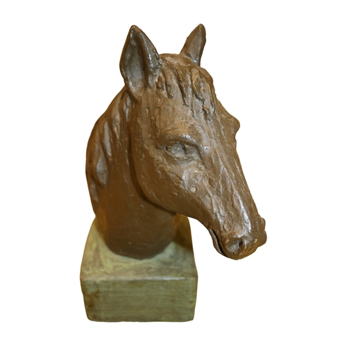 18 - Geert Kunen Hand Made Clay Bust of a Horse Head on Verdigris Coloured Base - Nicely Stamped to Base ... 