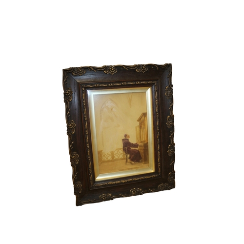 138 - Antique Dark Wood Framed Painting of a Religious Figure at an Organ, 42.5 x 34.5 cm