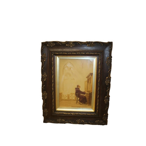 138 - Antique Dark Wood Framed Painting of a Religious Figure at an Organ, 42.5 x 34.5 cm