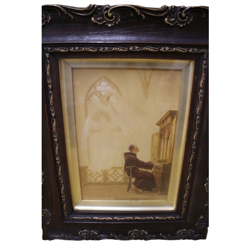 138 - Antique Dark Wood Framed Painting of a Religious Figure at an Organ, 42.5 x 34.5 cm