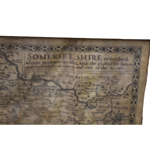 139 - Framed Antique Map of Somersetshire/Bath, Crest of Devon, 52 x 42 cm