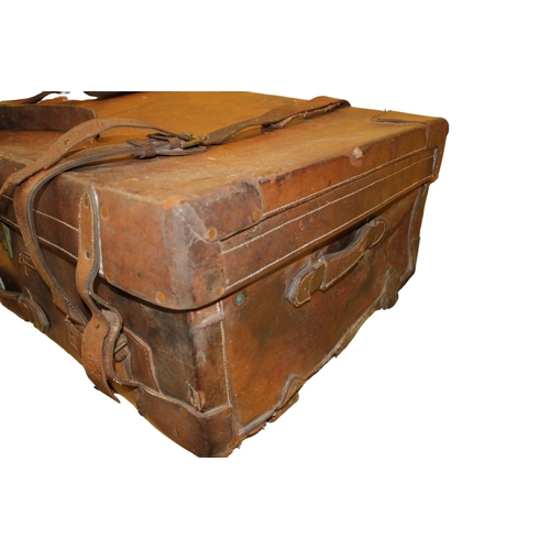 144 - Turn of the Century Leather Wood Banded Trunk with 2 Removable Shirt Trays, 84 x 54 x 29 cm