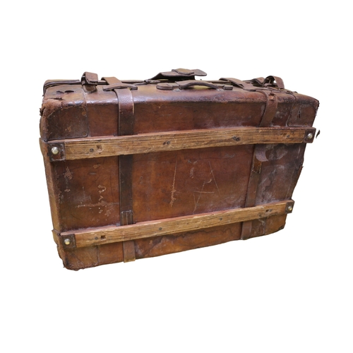 144 - Turn of the Century Leather Wood Banded Trunk with 2 Removable Shirt Trays, 84 x 54 x 29 cm