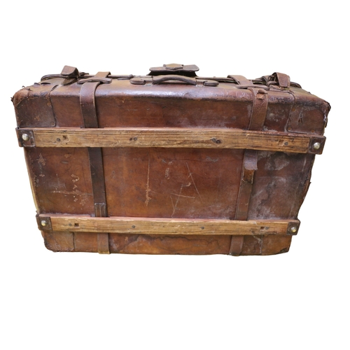 144 - Turn of the Century Leather Wood Banded Trunk with 2 Removable Shirt Trays, 84 x 54 x 29 cm