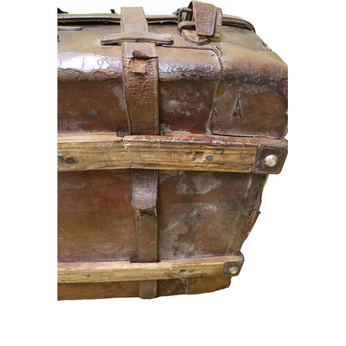 144 - Turn of the Century Leather Wood Banded Trunk with 2 Removable Shirt Trays, 84 x 54 x 29 cm