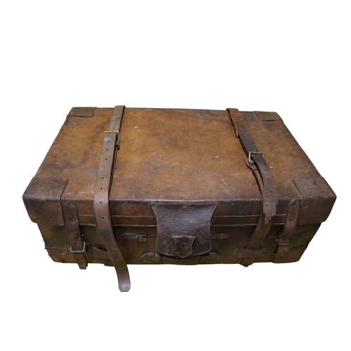 144 - Turn of the Century Leather Wood Banded Trunk with 2 Removable Shirt Trays, 84 x 54 x 29 cm