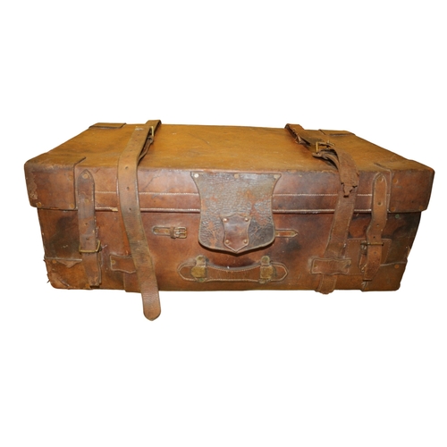 144 - Turn of the Century Leather Wood Banded Trunk with 2 Removable Shirt Trays, 84 x 54 x 29 cm