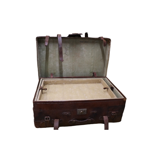 144 - Turn of the Century Leather Wood Banded Trunk with 2 Removable Shirt Trays, 84 x 54 x 29 cm