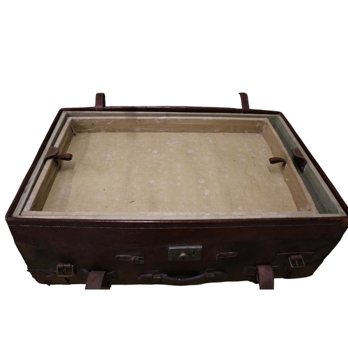 144 - Turn of the Century Leather Wood Banded Trunk with 2 Removable Shirt Trays, 84 x 54 x 29 cm