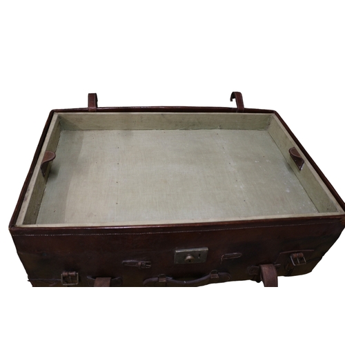 144 - Turn of the Century Leather Wood Banded Trunk with 2 Removable Shirt Trays, 84 x 54 x 29 cm