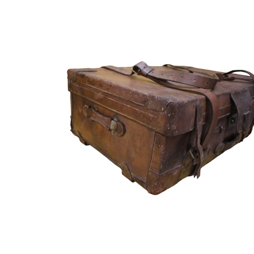 144 - Turn of the Century Leather Wood Banded Trunk with 2 Removable Shirt Trays, 84 x 54 x 29 cm