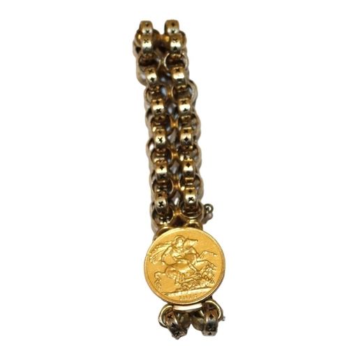 159 - 1912 Sovereign on 9ct (375) Gold Belcher Style Bracelet, 34.9 grams total weight