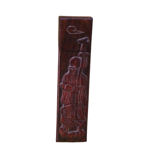 94 - Vintage Chinese Rosewood Chopstick Box with Deity and Heron Carving to Front Containing 16 Hand Carv... 