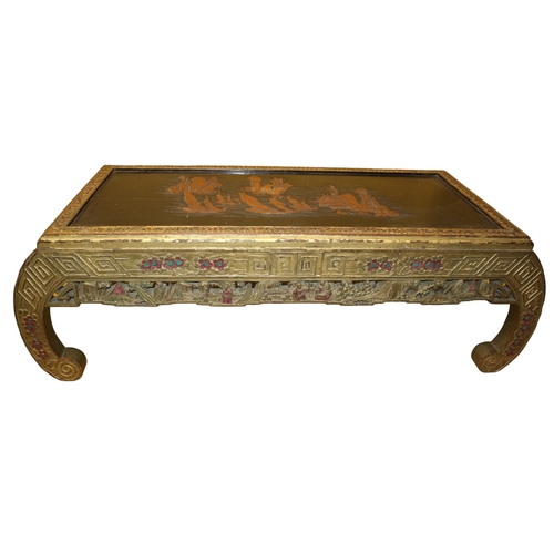 102 - Highly Decorated 1940's Era Oriental Table with Typical Oriental Scene on the Top, 103 x 44 cm