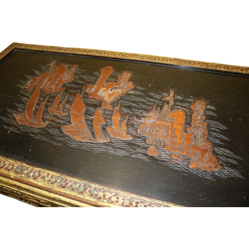 102 - Highly Decorated 1940's Era Oriental Table with Typical Oriental Scene on the Top, 103 x 44 cm