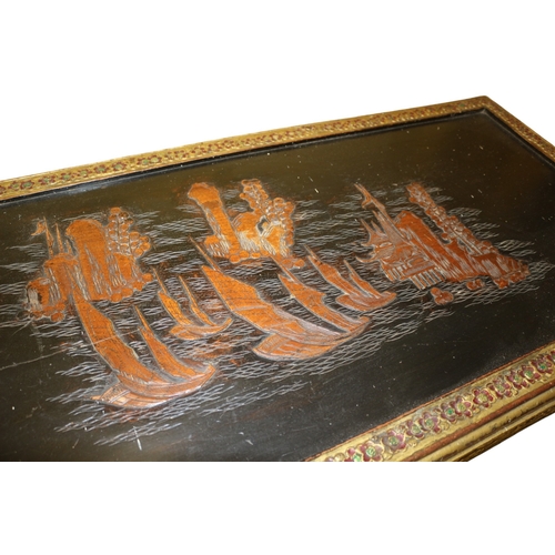 102 - Highly Decorated 1940's Era Oriental Table with Typical Oriental Scene on the Top, 103 x 44 cm