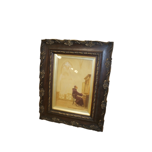 121 - Antique Dark Wood Framed Painting of a Religious Figure at an Organ, 42.5 x 34.5 cm