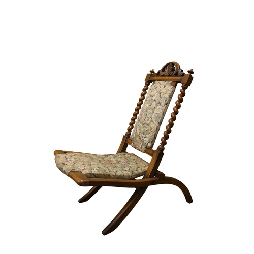 32 - 19th Century Walnut Arts & Crafts Folding Campaign Chair with Barley Twist Supports, Finials and... 