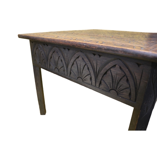 74 - 19th Century Ornate Carved Top and Decorated Oak Side Table with Tapered Legs with Carved Creeping P... 