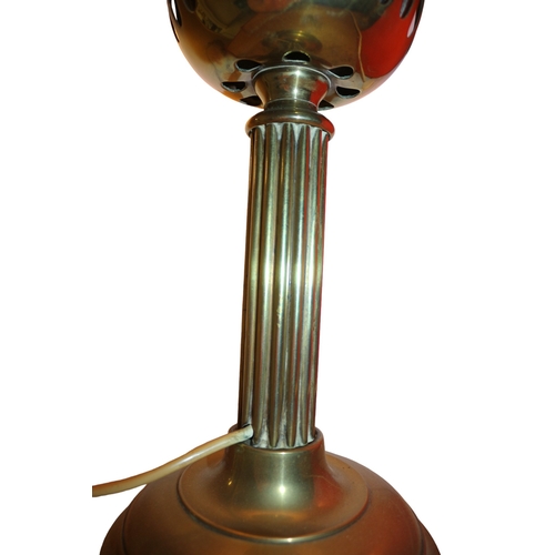 90 - Vintage Brass Converted Oil Lamp with Glass Reservoir and Shade - Heavy Item, 64cm Tall - Working