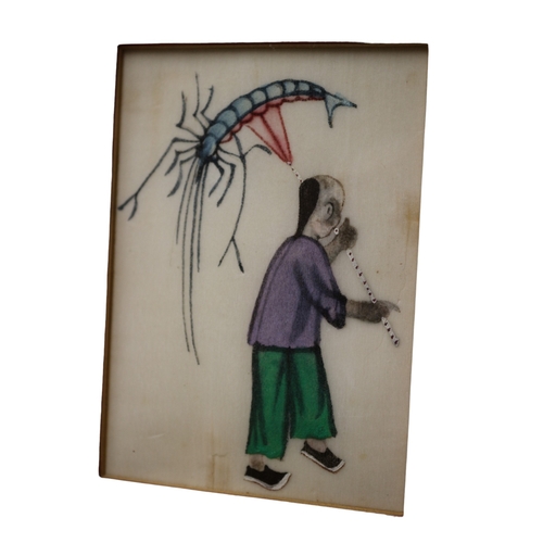 111 - Antique Chinese Kite Flyer and Bird on Silk or Pith Paper, 28 x 19.5 cm