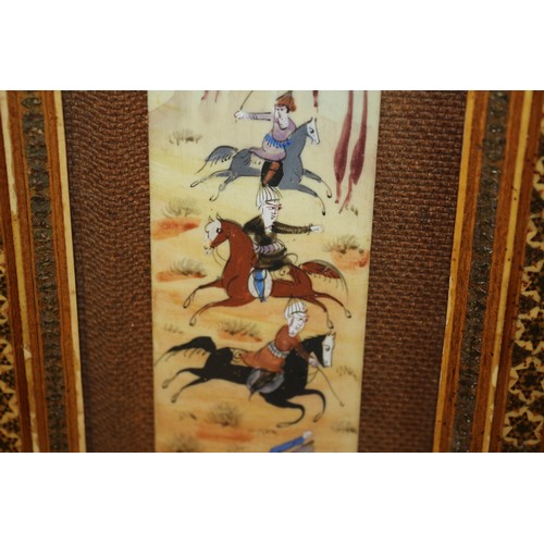 120 - Inlaid Khatham Wooden Frame with Oil Persian Painting, 29 x 14 cm