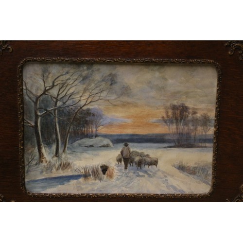 123 - Watercolour of Shepherd and Sheep in Unusual Solid Oak Frame, 39.5 x 49.5 cm