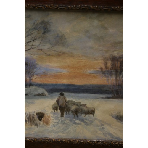 123 - Watercolour of Shepherd and Sheep in Unusual Solid Oak Frame, 39.5 x 49.5 cm