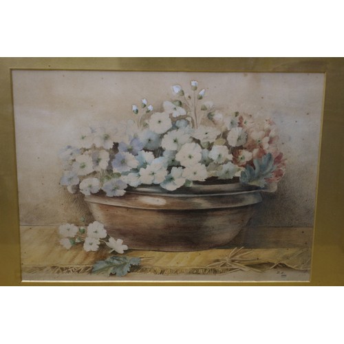 134 - Well Executed Watercolour of Flowers in a Bowl Vase - Signed E.E. 1888 - Framed and Glazed