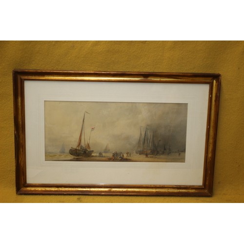 135 - Large Watercolour, (possibly Dutch Artist), of Canal Scene with Mast Boat and People on the Beach - ... 