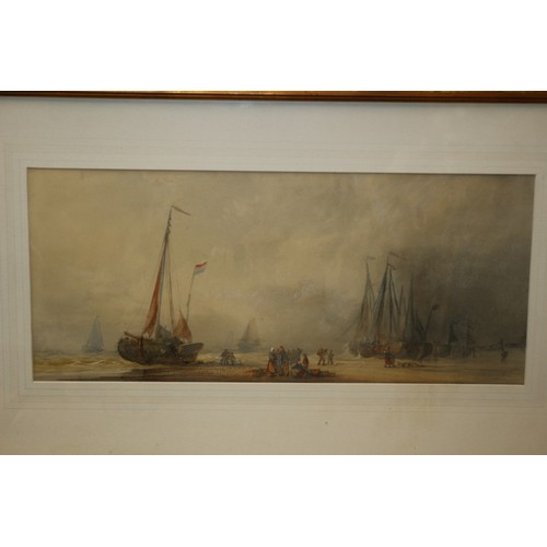 135 - Large Watercolour, (possibly Dutch Artist), of Canal Scene with Mast Boat and People on the Beach - ... 