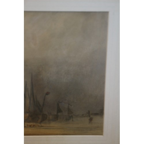 135 - Large Watercolour, (possibly Dutch Artist), of Canal Scene with Mast Boat and People on the Beach - ... 