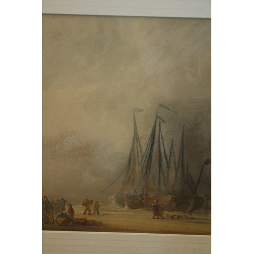 135 - Large Watercolour, (possibly Dutch Artist), of Canal Scene with Mast Boat and People on the Beach - ... 