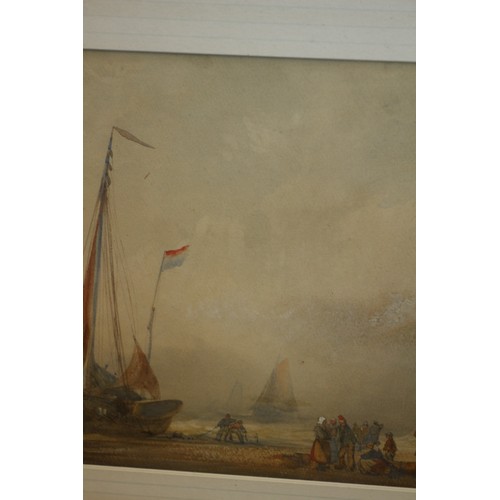 135 - Large Watercolour, (possibly Dutch Artist), of Canal Scene with Mast Boat and People on the Beach - ... 