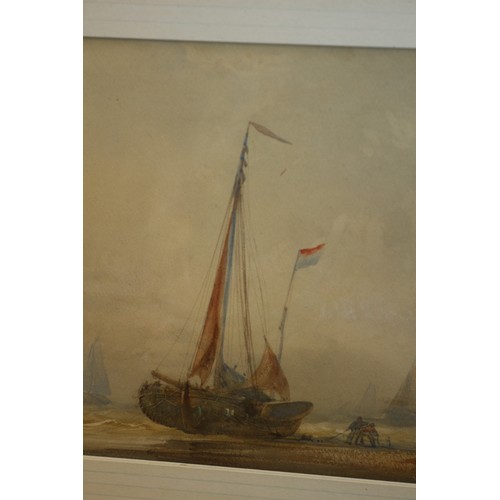 135 - Large Watercolour, (possibly Dutch Artist), of Canal Scene with Mast Boat and People on the Beach - ... 