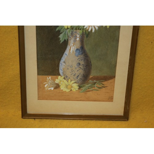 136 - Watercolour of Flowers in a Patterned Vase - Signed GJM 1895 - Framed and Glazed - 39 x 25.5cm