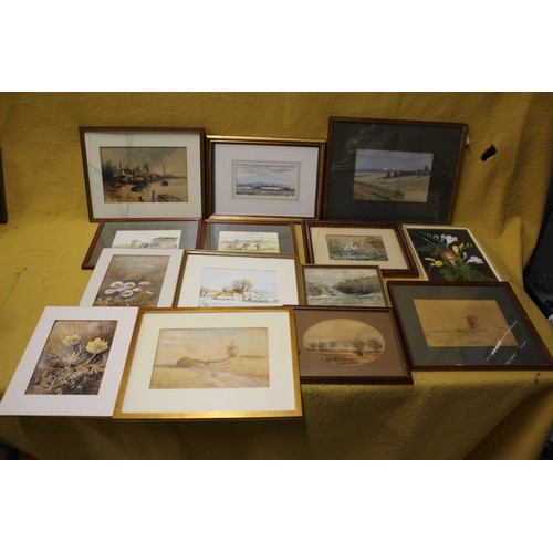 141 - Selection, (14), of Mixed Media Paintings - Several Signed - all except 1 are Framed and Glazed