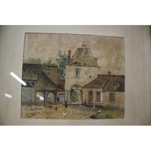 144 - Watercolour, dated 1899, French Artist, Chateaux Courtyard Scene - Framed and Glazed - 29.5 x 25cm